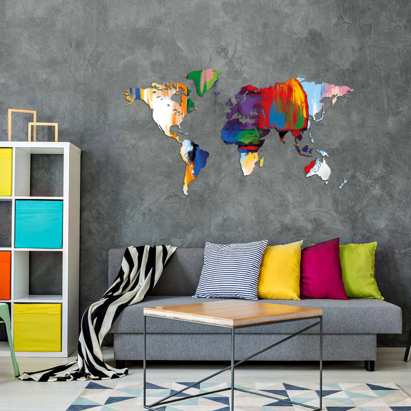 Mappa Del Mondo - COLORI ASTRATTI Mappa Del Mondo - No Frame Print on MDF, Abstract, 130 x 72 cm