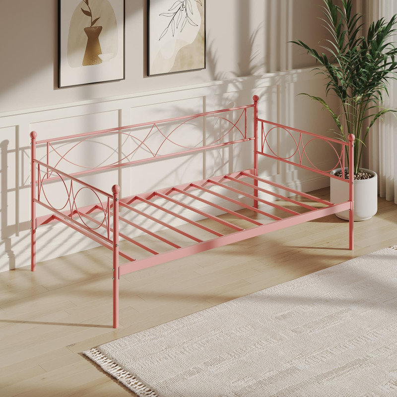 Twin Metal Daybed | Durable Steel Frame with Headboard | Space-Saving Sofa Bed for Bedroom or Guest Room, Pink-1, Pink