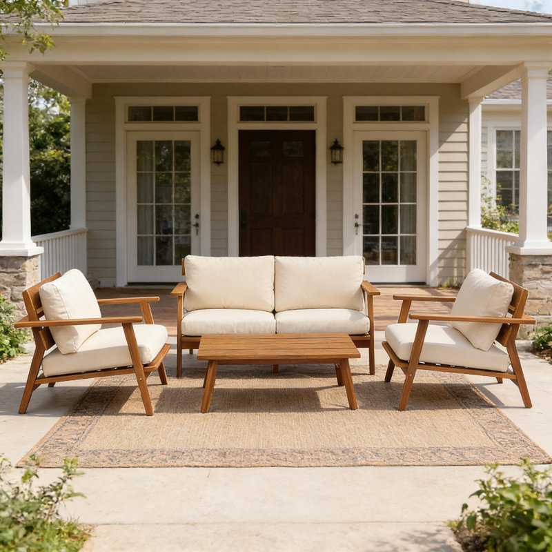 Ensemble de 4 chaises de patio Mid-Century modernes en bois d'acacia