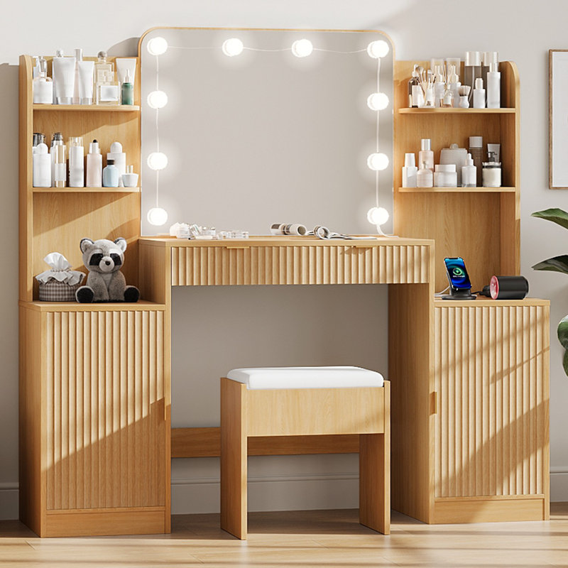 Grand bureau de meuble-lavabo avec miroir lumineux et prise de courant pour chambre à coucher l 58,2 po Turinel