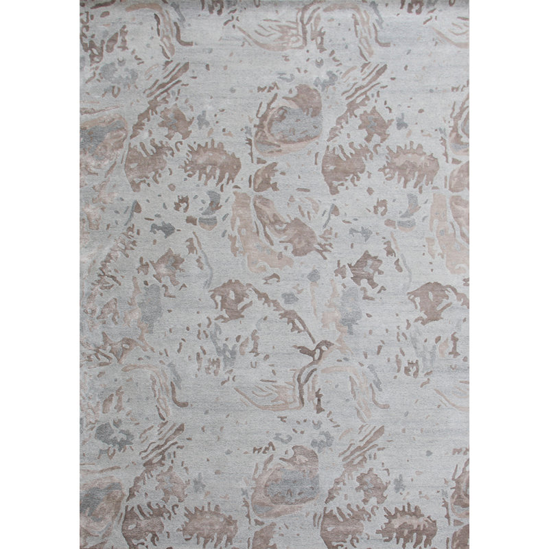 Tapis bleu clair / beige / gris noué à la main de haute qualité, Rectangle 10 pi x 14 pi