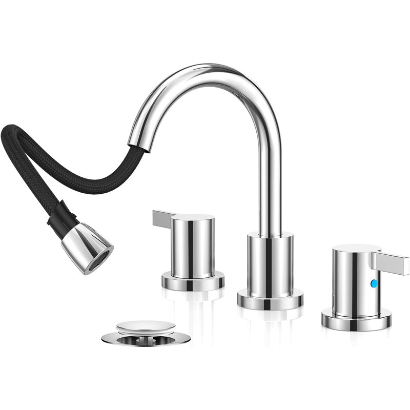 Pull Down Sprayer Bathroom Sink Faucet, 2 Handles 3 Hole Widespread Pull Out Bathroom Faucet,With Pop Up Drain And Water Supply Line