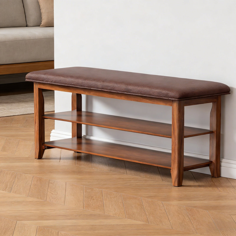 Leather-Cushioned Shoe Bench With Storage — Two-Tier Rubberwood Entryway Bench For Hallway, Front Door & Mudroom