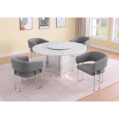 White Marble Dining Set With Lazy Susan And Teddy Fabric Chairs