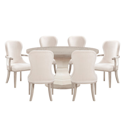 Ensemble de salle à manger rond en bois de 60 pouces, 7 pièces, chaises rembourrées grises et blanches