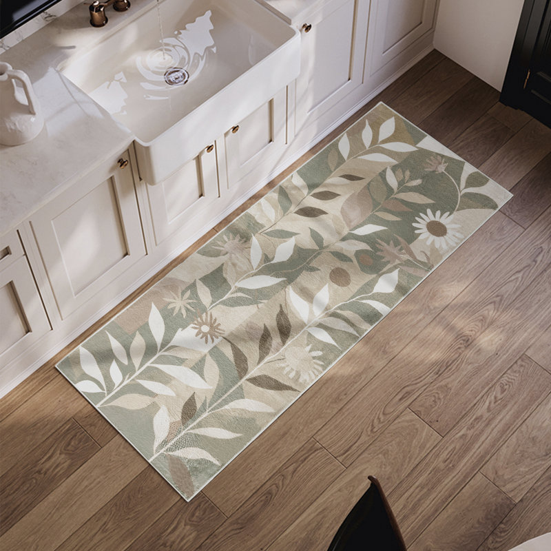 Machine Washable Boho Abstract Floral Area Rug Soft Low-Pile Non-Slip Backing Sage Green/Beige/Brown Indoor Carpet for Living Room, Bedroom, Hallway Runner