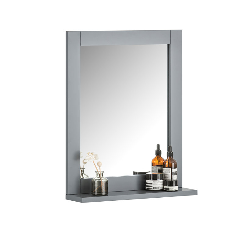 Lyndora Wood Flat Wall Mirror with Shelves, Dark Grey