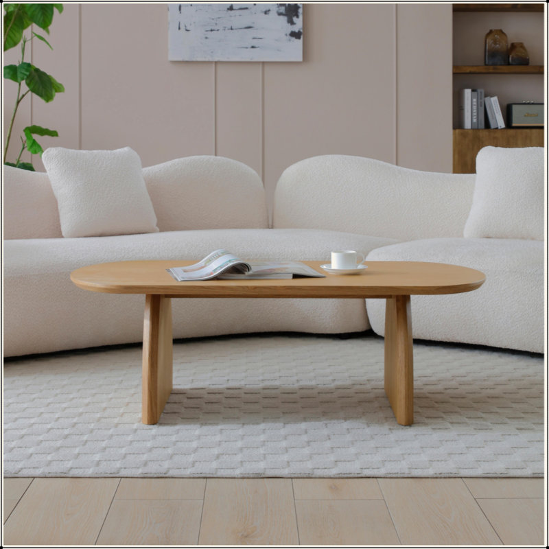 Table basse ovale avec placage en bois massif, centre de table moderne en bois massif de couleur naturelle, table d'appoint pour salon, petit espace, bureau, facile à assembler
