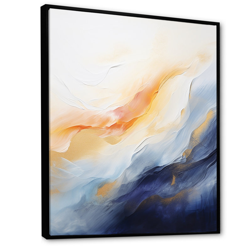 Tempête de marbre bleu et jaune II - art mural abstrait, Cadre flottant noir, H 32 po x l 16 po