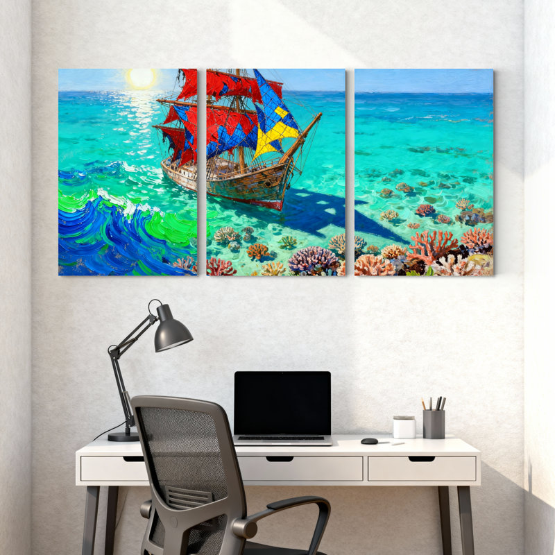 Ensemble de 3 impressions sur toile, "Nautical Colorful Ship Sails Over Coral Reef Ocean", H 18 po x l 36 po
