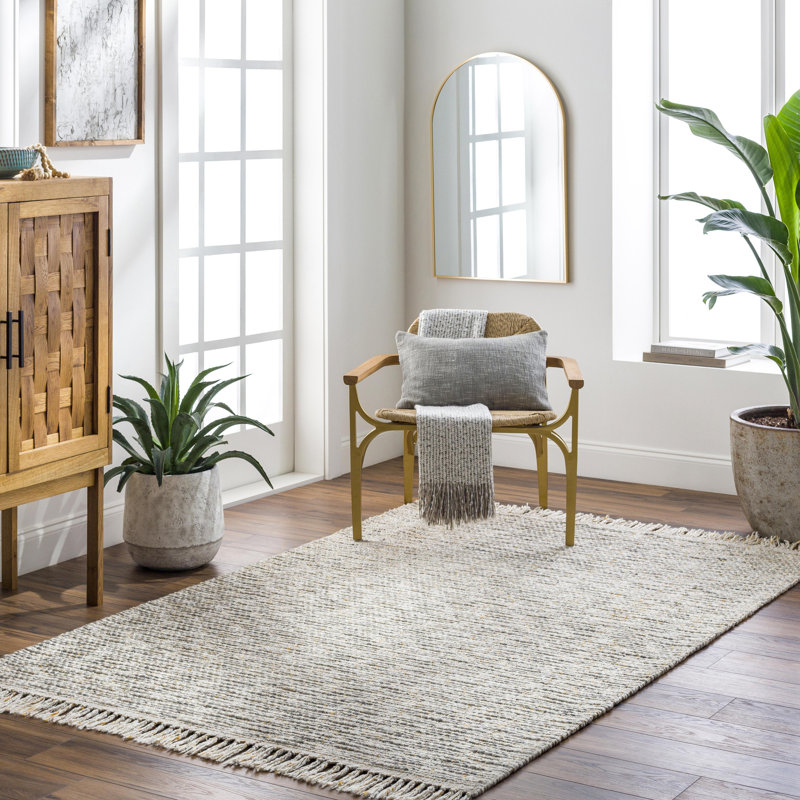 Tapis gris clair en laine / polyester / viscose tissé à plat à la main Dillinger, Rectangle 2 pi x 3 pi