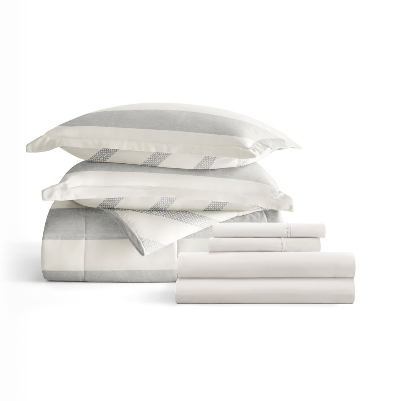 7-Piece Bedding Bundle - Pattern Comforter and Sheet Set, Twin XL Comforter + 1 Additional Piece, Gray/Blue Striped