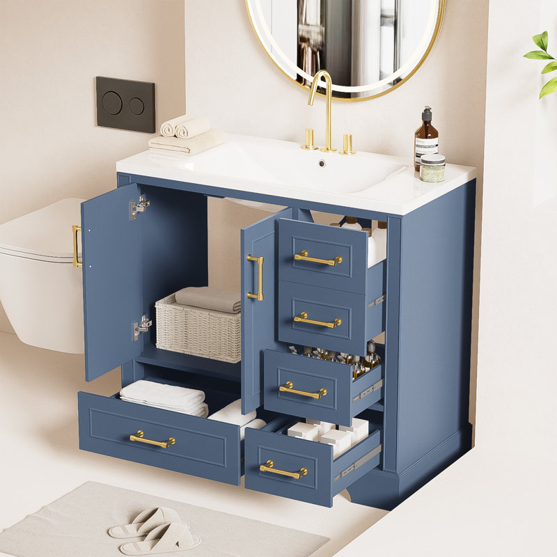 36'' Single Bathroom Vanity With Ceramic Top, White, Gold
