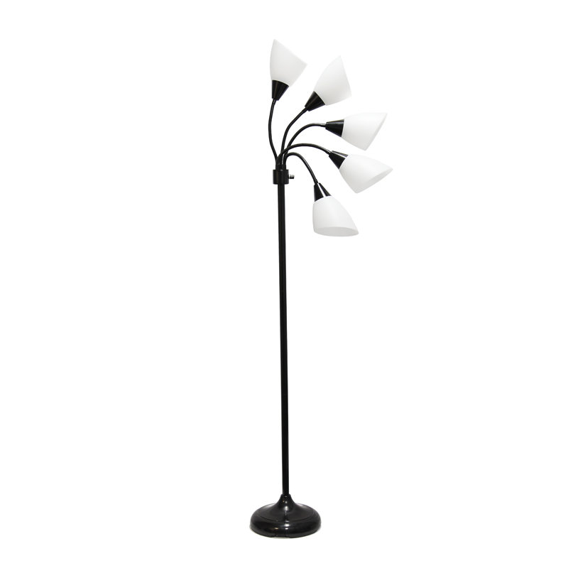 Lampe sur pied Tarbert à 5 lumières, col de cygne orientable, noir, abat-jour blancs, 170 cm de hauteur