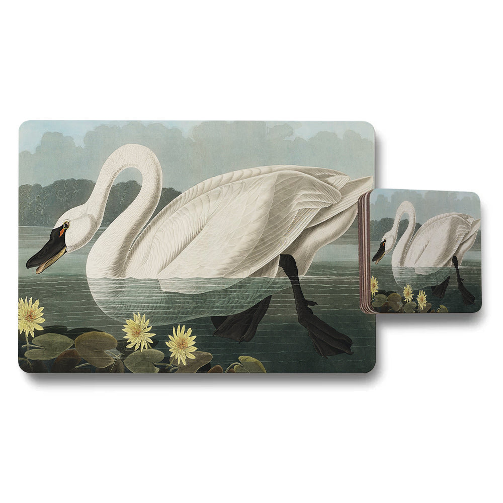 Swan Placemats And Coaster Set With Water Lily Artwork