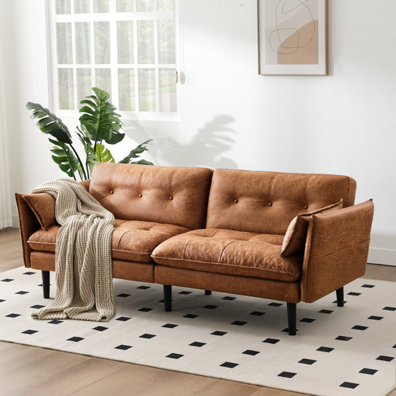 75.6" Convertible Faux Leather Futon Sofa Bed With Adjustable Armrests & Backrest For Living Room, Bedroom