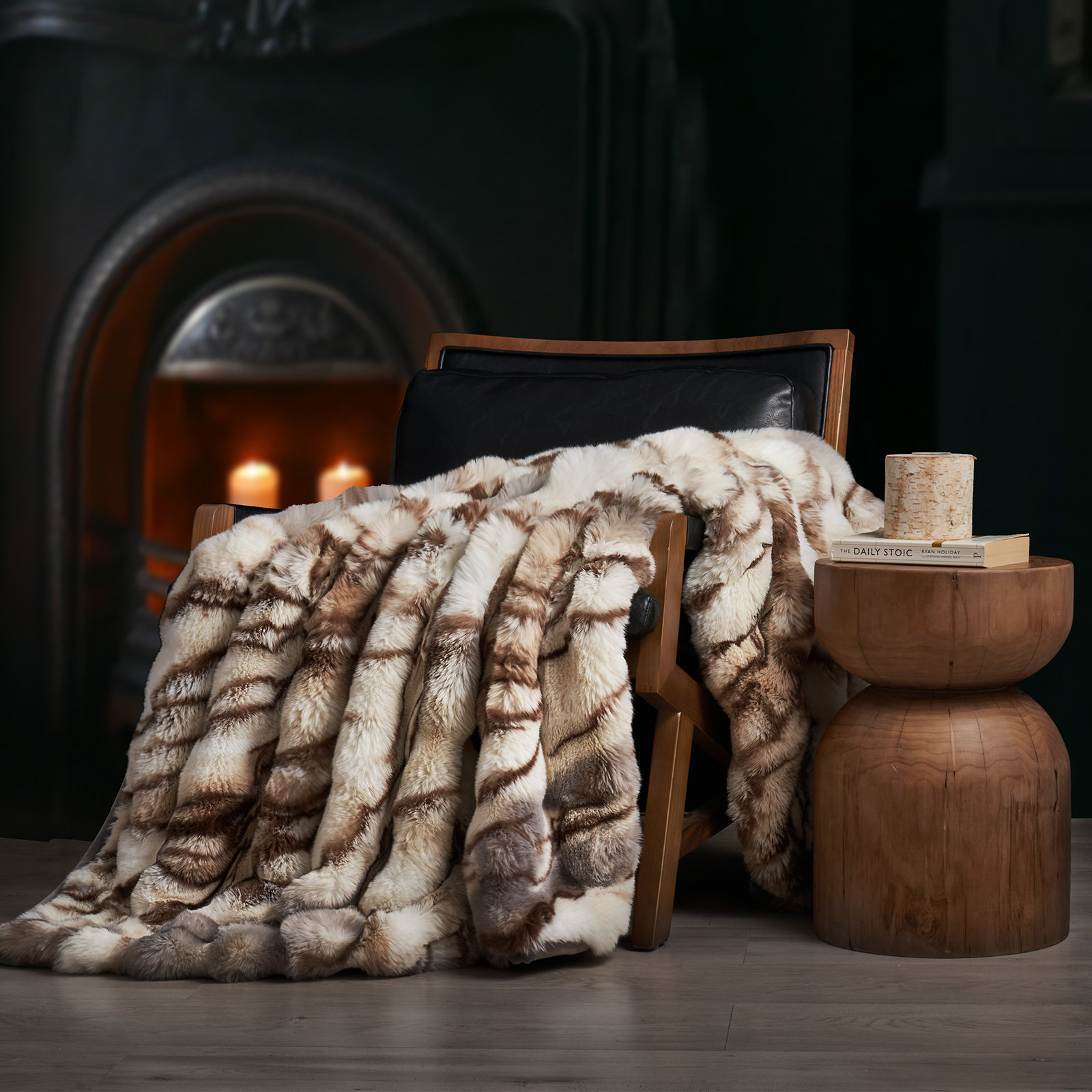 Ridgeline Faux Fur Throw Blanket, 60" L x 50" W, Beige/Gray Marble
