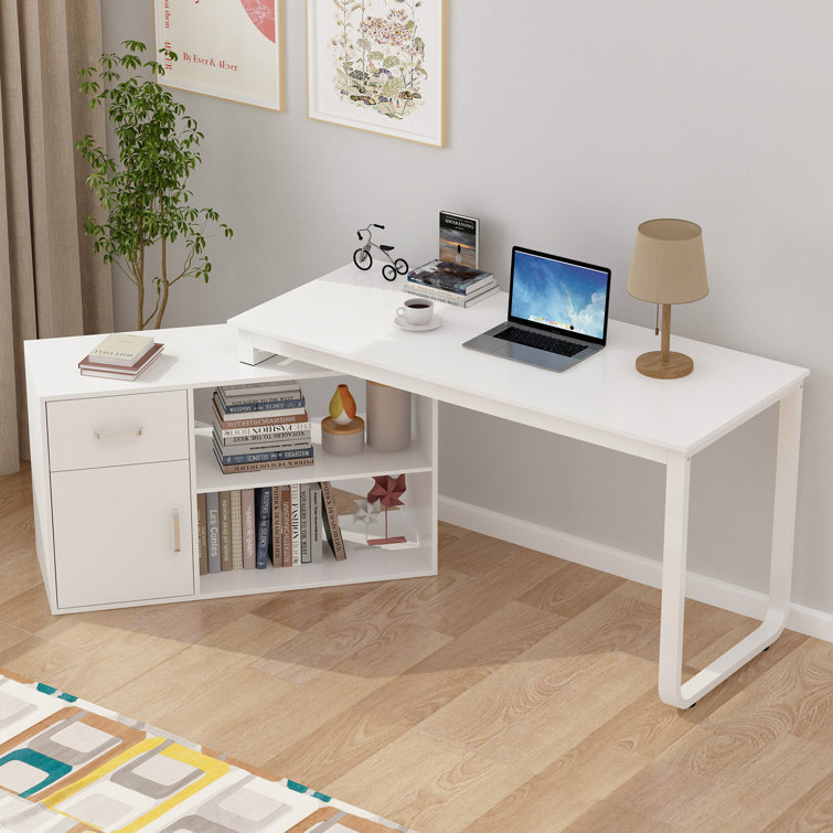 DiDuGo 55 White L Shaped Desk with Storage Shelf Corner Office