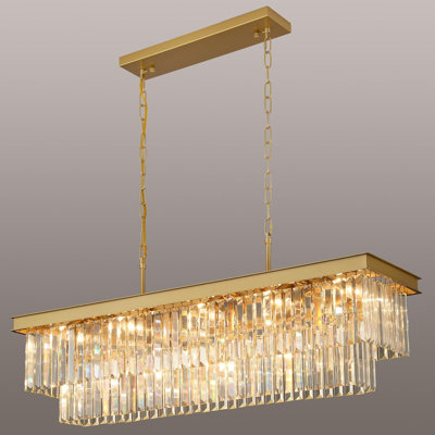 Crystal Chandeliers for Dining Room Light Fixtures Over Table，15-Lights Gold Modern Rectangle Chandeliers for Kitchen Island Bar