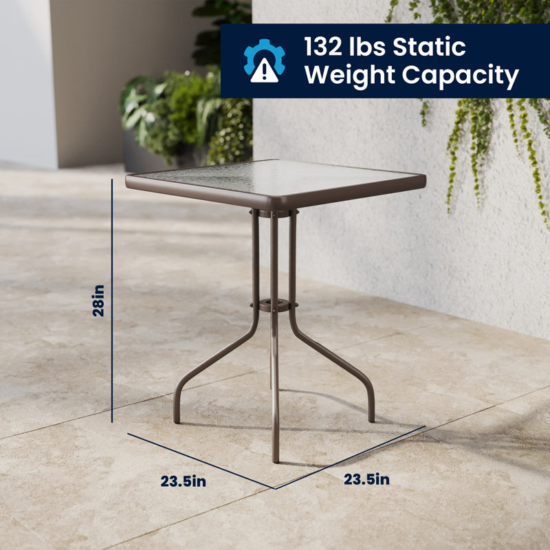 Table carrée en verre et métal de 23,5 po avec 2 chaises empilables en métal et aluminium, Bronze
