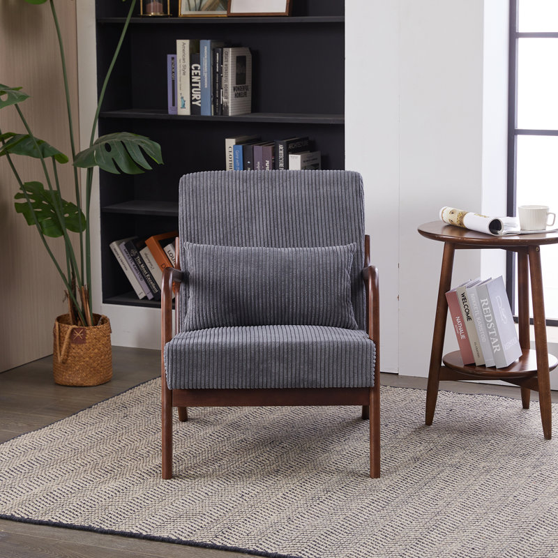 Chaise d'appoint Mid-Century moderne en bois d'hévéa avec coussin lombaire, Gris foncé, Noyer