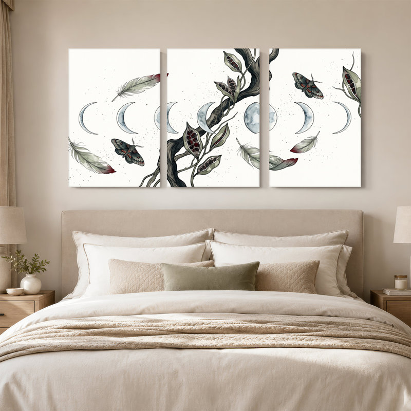 «Moths and Moon Phases on Tw torsed Branch», art mural sur toile, H 24 po x l 16 po x 3 pièces