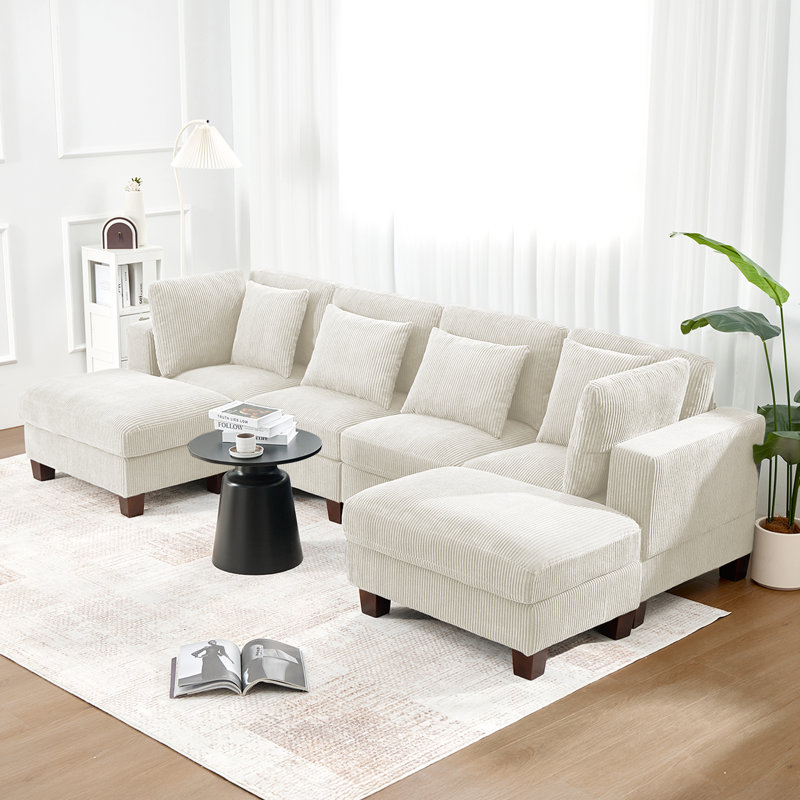 Canapé-lit de 116 pouces avec pouf de salon, Velours côtelé beige