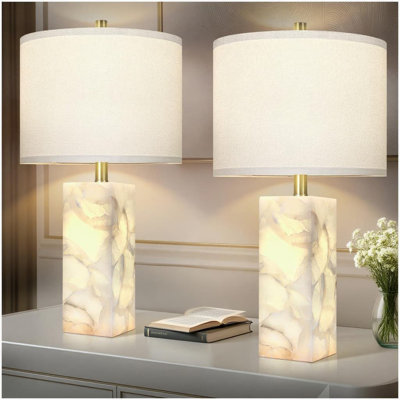 Scenekoy Natural Alabaster Table Lamp Set Of 2 With Integrated Night Light, 23-Inch Modern Bedside Lamp With Linen Shade For Bedroom, Living Room, Or Office