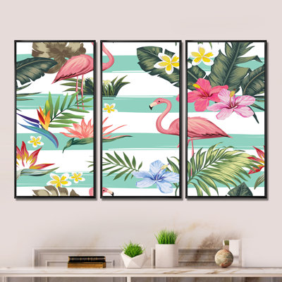 «Tropical Botanicals, Flowers and Flamingo», reproduction de cadre photo sur toile 3 pièces