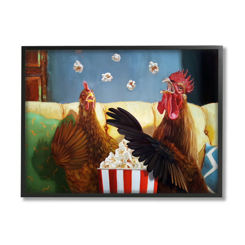 «Rooster Chicken Tossing Catching Popcorn Movie Night» par Lucia Heffernan, L 20 po x H 16 po, Cadre blanc