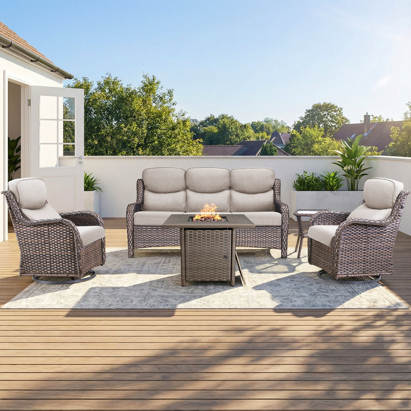 Alvina 5-Piece All Weather Outdoor Wicker Patio Conversation Set With Square Fire Pit Table, Swivel Gliders And Side Table