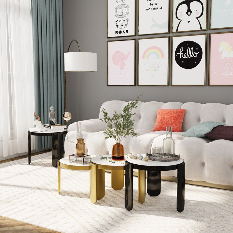 Brass 4 In 1 Self-Defined Nesting Round Coffee Table/End Table, Black/Brass