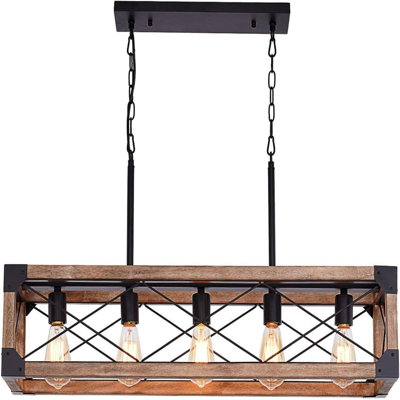 Éclairage pour îlot de cuisine, lustre linéaire de style campagnard 5 lumières 33,5 pouces pour salle à manger, luminaire suspendu pour table de billard, finition grain de bois rustique, luminaire suspendu industriel
