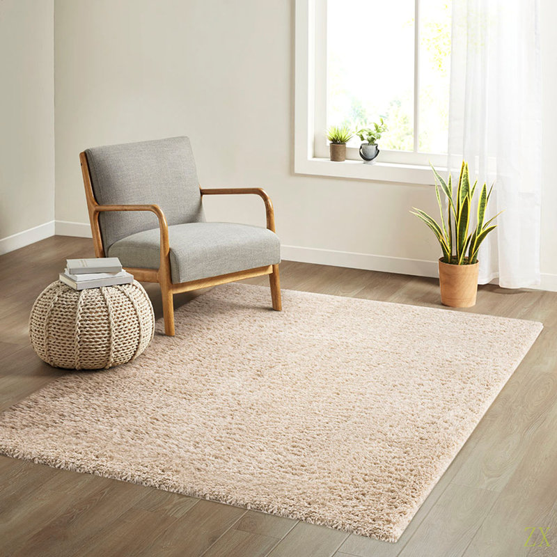 Tapis à poils longs en polyester super doux, Rectangle 3 pi 11 po x 5 pi 11 po, Crème