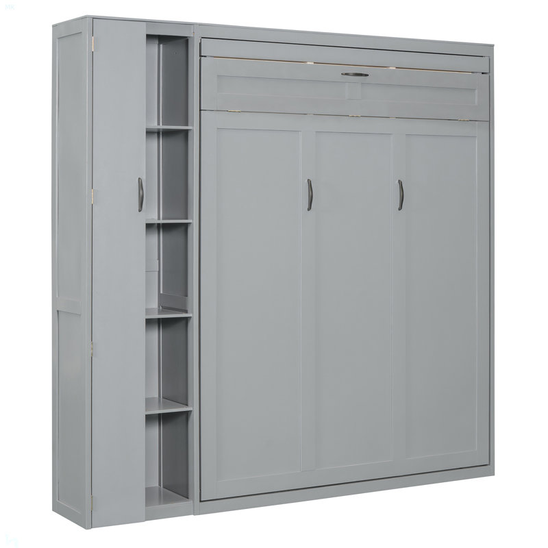 Lit escamotable mural Murphy avec tablettes, garde-robe et lumières DEL, gris