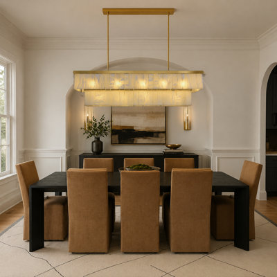54"L 16-Light Tiered Alabaster Linear Chandelier, Brass Finish with Bulbs
