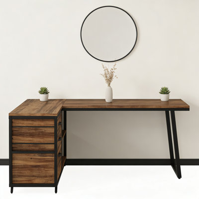 L-Shaped Dark Walnut Desk – Black Metal Base With Drawers For Home & Professional Office Setups