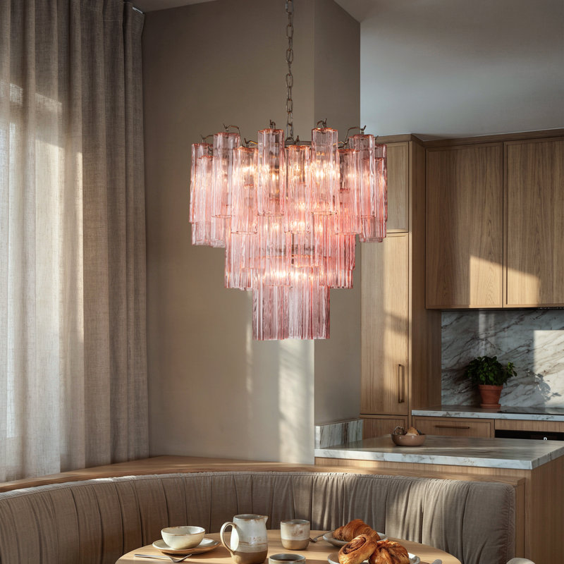 Lustre moderne en verre texturé rose 23 po en nickel poli élégant à plusieurs niveaux pour salle à manger ou lieu de mariage