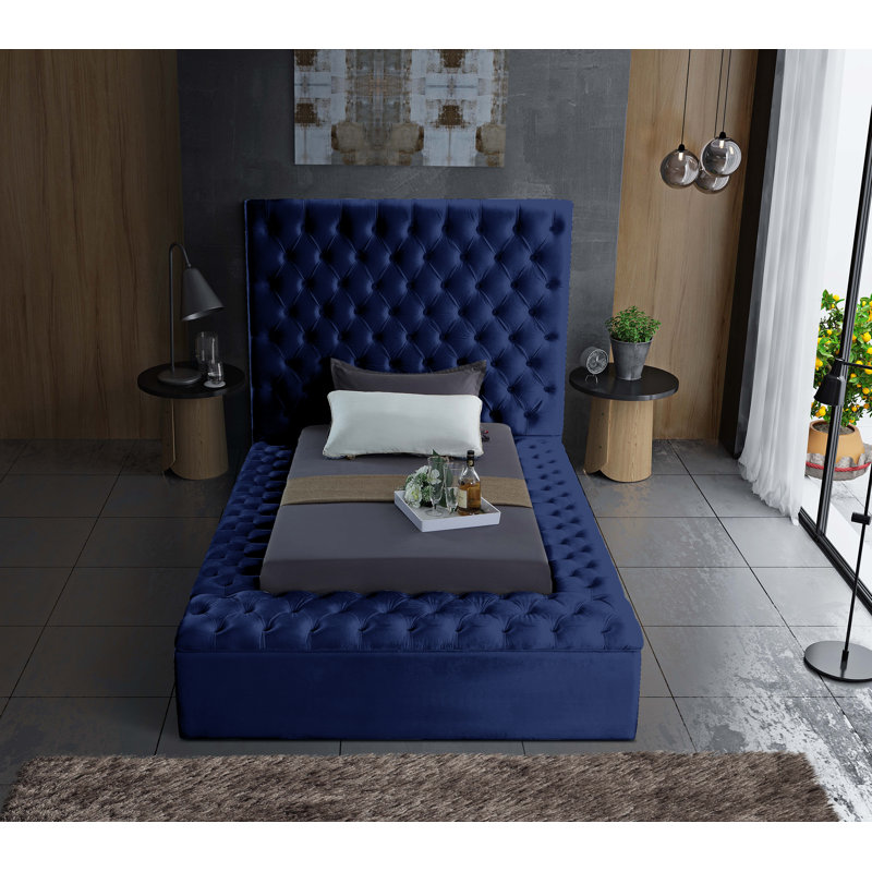 Lit plateforme tapissier avec rangement Johnnay, Velours marine, Simple