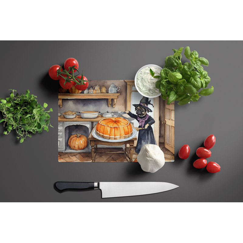 Pug Fall Kitchen Pumpkins Glass Cutting Board Large