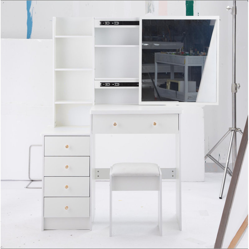 37" Middle Size Left Bedside Cabinet Vanity Table + Cushioned Stool, Extra Large Right Sliding Mirror, Multi Layer High Capacity Storage, Practical Fashionable Dresser, Suitable For Large Space