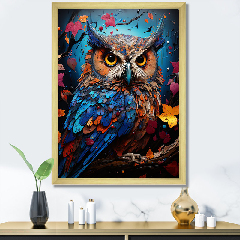 Pop Art, chouette, sagesse, crépuscule sur toile, Encadrement doré, H 32 po x l 24 po x P 1 po
