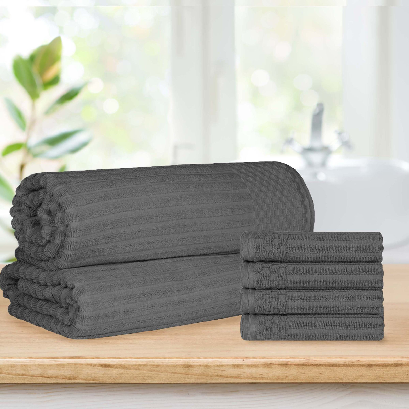 Keshayla 6-Piece Ribbed Cotton Towel Set, Dark Gray