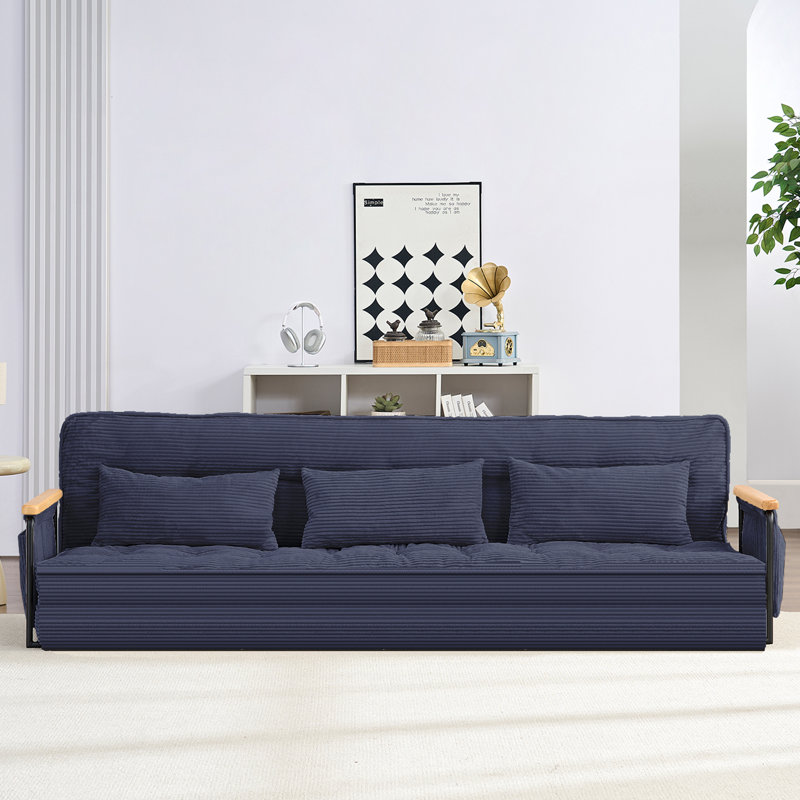 3-in-1 Convertible Sofa Bed & Recliner - Now with Sturdy Wooden Arms! 6-Position Adjustable Backrest (90°-180°), 86.6" Wide Tufted Fabric Sectional with Side Pockets, Multi-functional Chaise Lounge