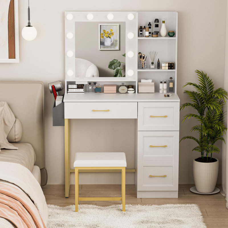 Makeup Vanity Table With Stool 2 Drawers, 3 Color Modes Available For Bedroom, White/Gold