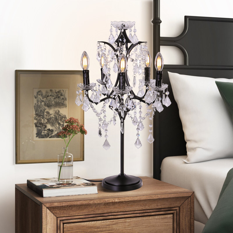 5-light Farmhouse Tranditional Crystal Table Lamp Black Craft Candelabra Lighting Fixture