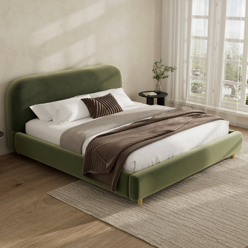 Platform Bed with Boucle Fabric, Boucle Fabric Upholstered Platform Bed with Curve-Shaped Design Headboard, White, Easy Assembly