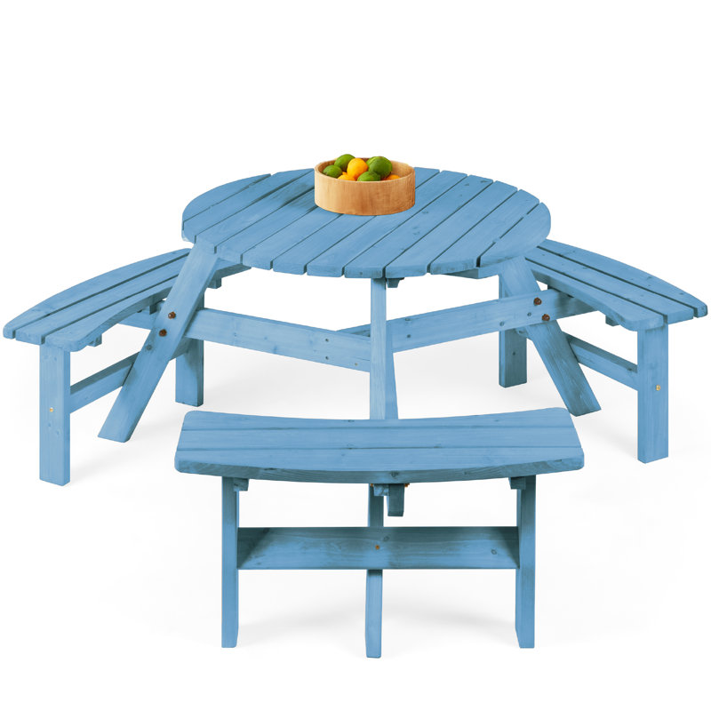  6-Person Circular Outdoor Wooden Picnic Table W/ 3 Built-In Benches, 500Lb Capacity - Seaside Breeze, Blue