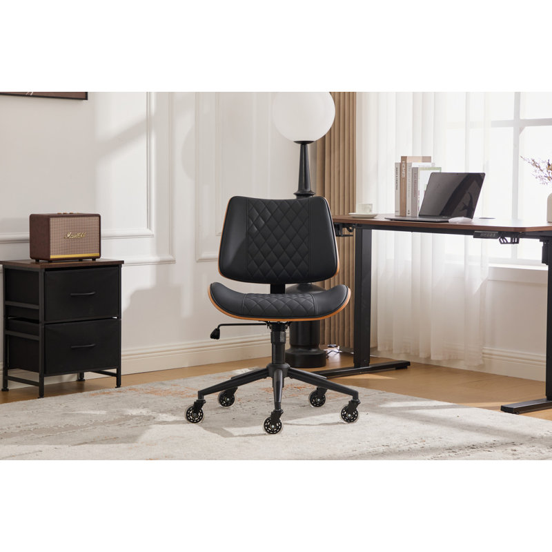 Modern Executive Armless Office Desk Chair with Bentwood Backrest, Premium Leather, Silent Wheels, Easy Assembly, Black