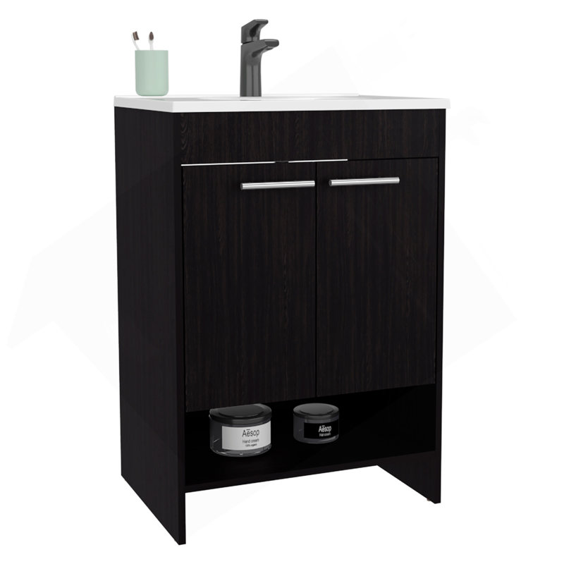 Meuble-lavabo avec lavabo, 2 portes, 2 tablettes, wengé noir, Noir